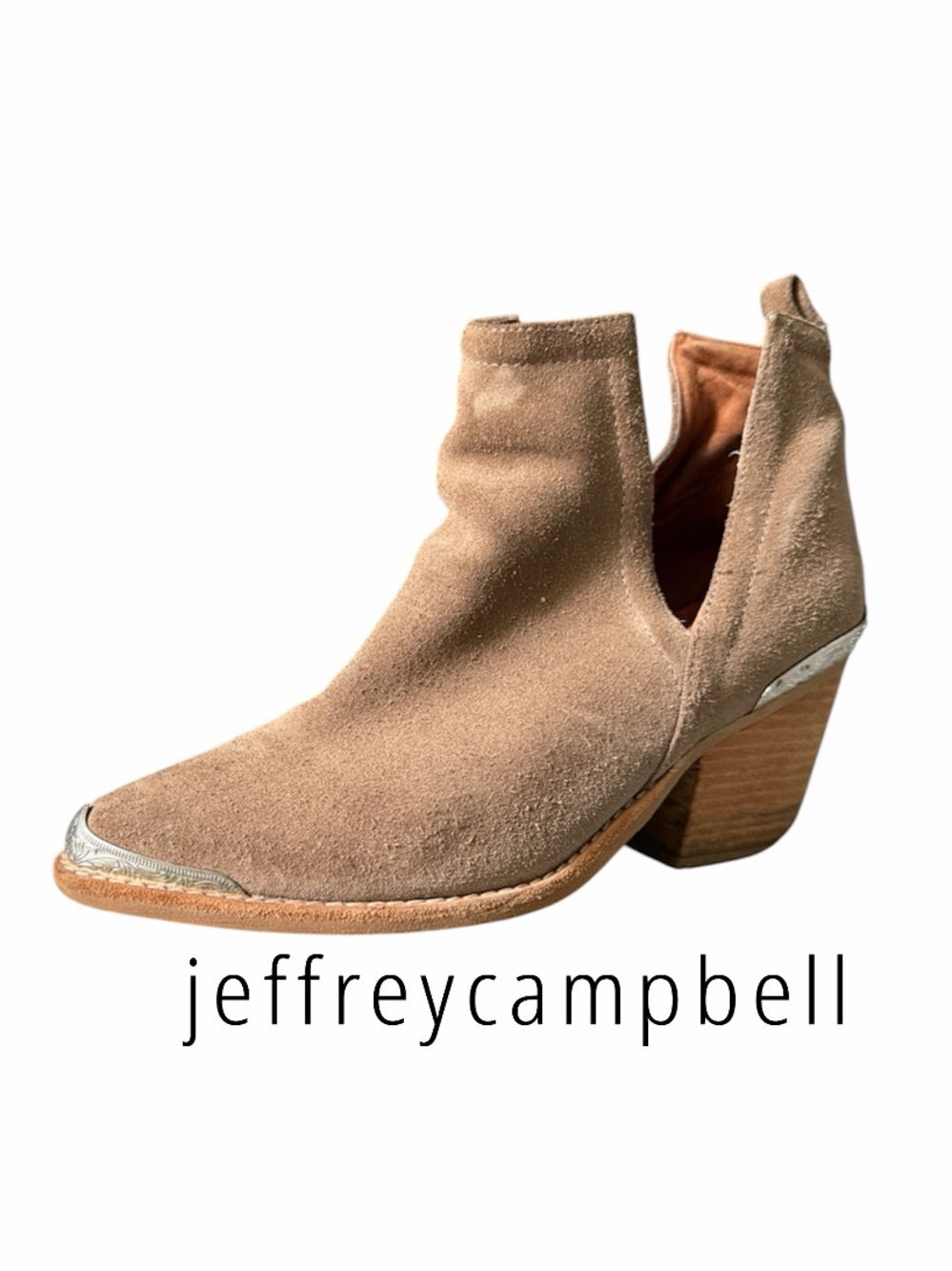 Jeffrey Campbell Cromwell Taupe Suede Cutout Ankle Boot Metallic Toe Heel 6.5